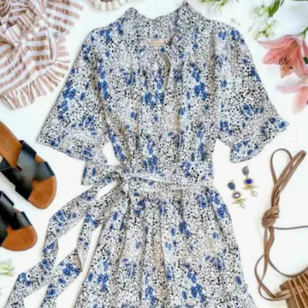 Rungolee | Porto Silk Tiered Mini Dress in Mocha Poppy Fields - Size XS